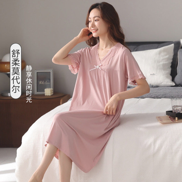 9596676.古今【超值清仓~清完不补~】V领莫代尔短袖宽松睡裙女士家居服