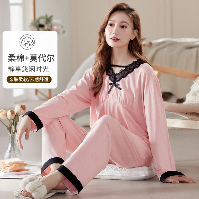 9596669.古今【超值清仓~清完不补~】V领莫代尔棉混纺蕾丝长袖套装睡衣女士家居服