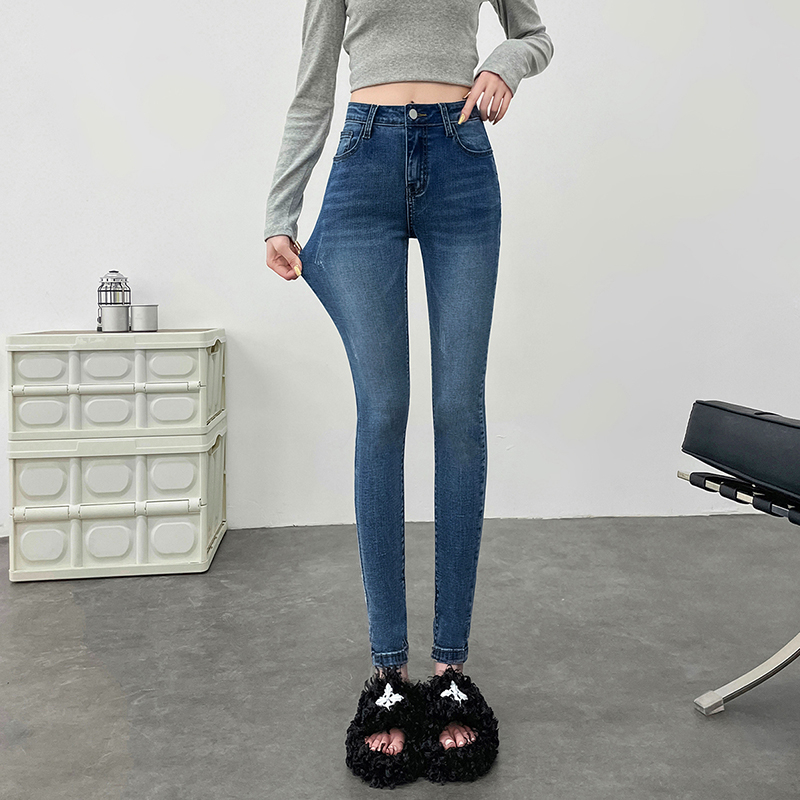 9614689.柒蒙 小脚高腰弹力修身铅笔牛仔裤女装