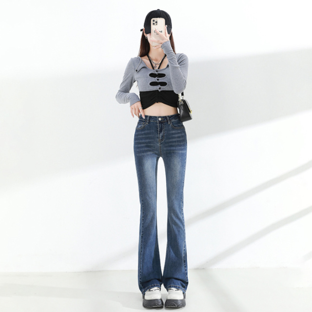 9620687.歌谛婕 小个子女士高腰显瘦复古喇叭牛仔裤子