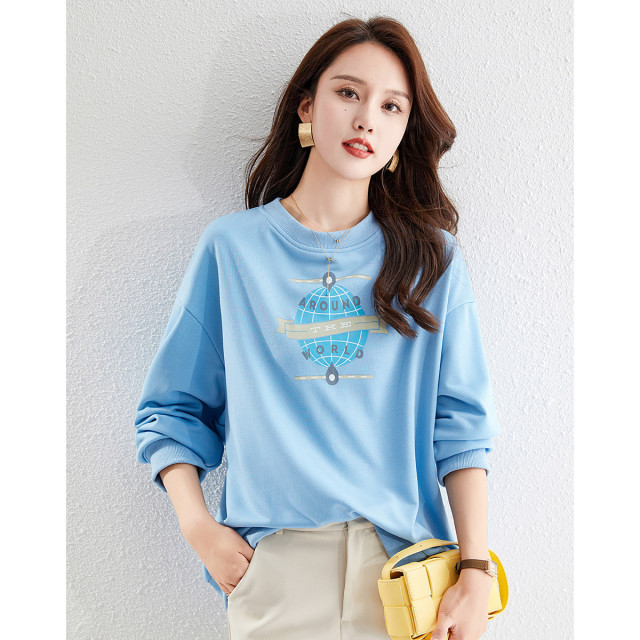9636751.清仓福利纯色印花经典款春季女式卫衣圆领宽松显瘦减龄舒适简约百搭式上衣