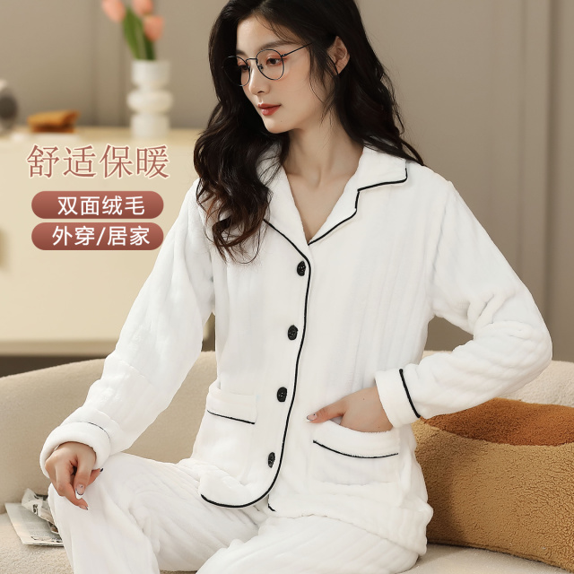 9637821.古今翻领加绒加厚保暖睡衣女士家居服套装