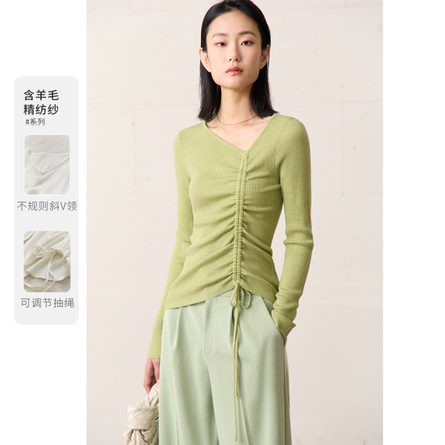 9667804.【有趣极简】春季不规则斜领抽绳针织衫毛衣女修身显瘦上衣