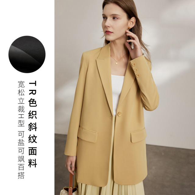 9670882.【优雅职场】春季斜纹帅气西装外套女宽松一粒扣中长款外套女