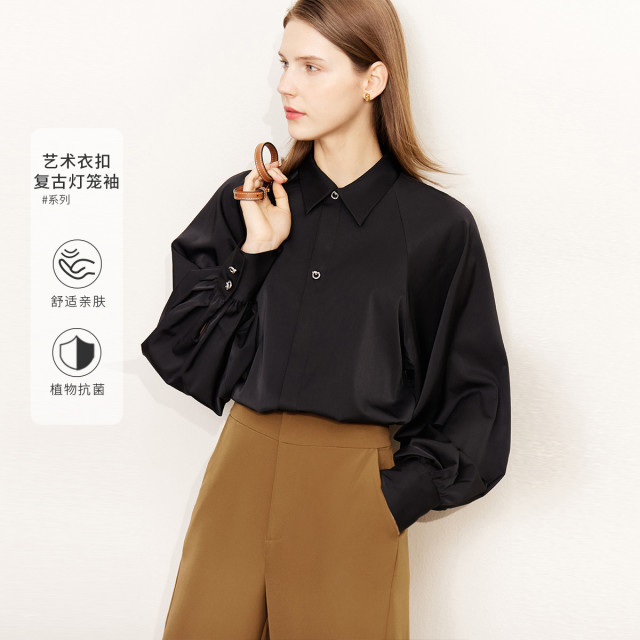 9667696.【优雅职场】春季艾草纤维宽松复古长袖衬衫女艺术扣衬衣女
