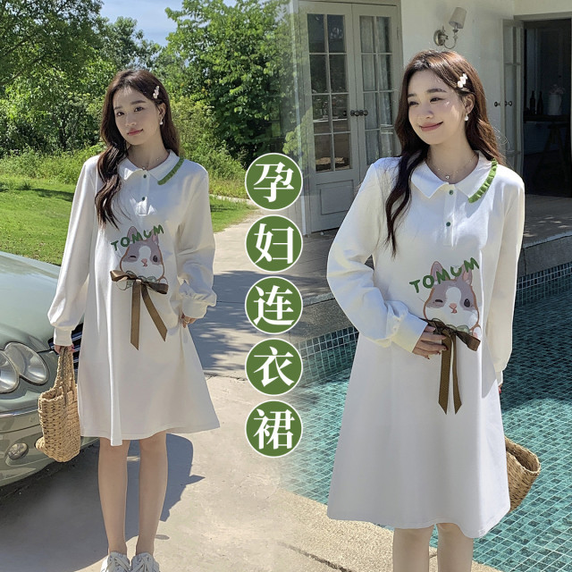9645772.兔妈孕妇装秋季2023新款连衣裙外出休闲POLO领宽松时尚孕妇裙