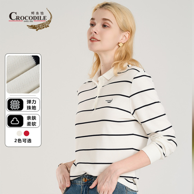 9673573.鳄鱼恤[莫代尔+棉]秋季休闲宽条纹柔软舒适长袖Polo衫女