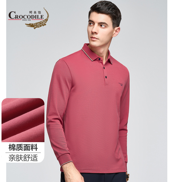 9674037.鳄鱼恤净色商务通勤风秋季经典珠地大格长袖Polo衫男