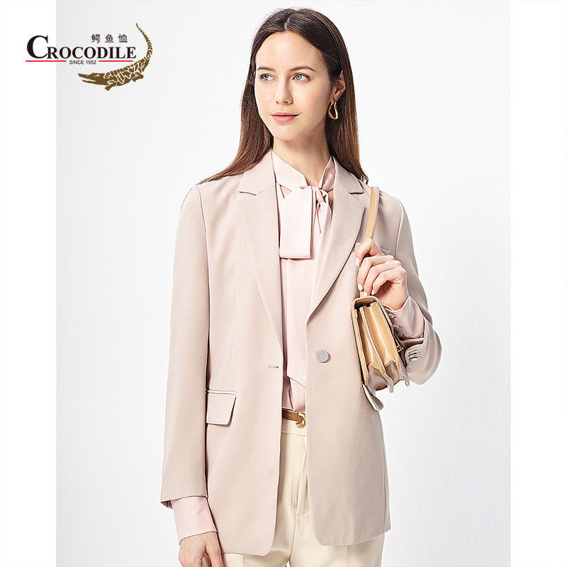 9674020.鳄鱼恤春秋经典净色商务基础百搭宽松版女式西服外套女