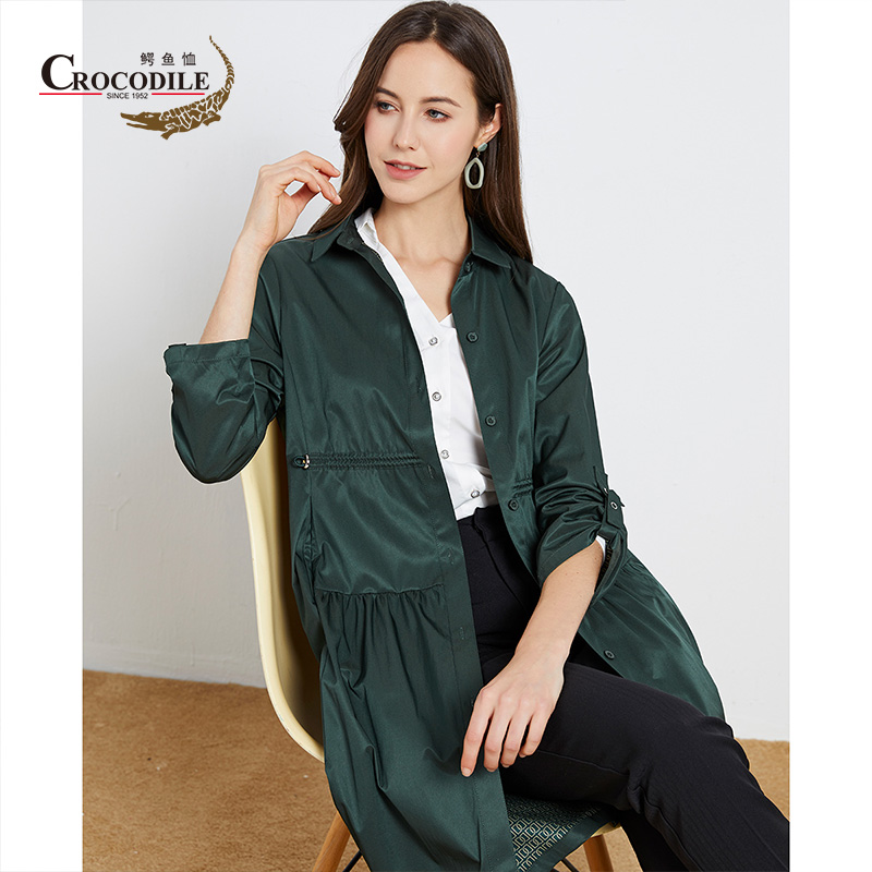 9673584.鳄鱼恤春秋四季经典时尚小翻领长款大衣女式风衣女