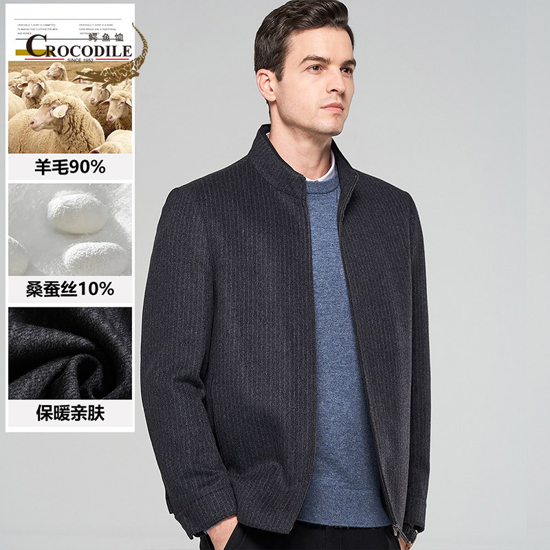 9673587.鳄鱼恤【专柜款+羊毛】秋冬商务暗纹立领毛呢茄克男