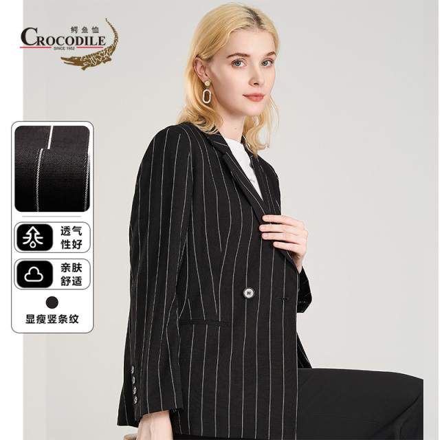 9673997.鳄鱼恤春秋经典商务条纹轻薄透气双排扣女式西服外套女