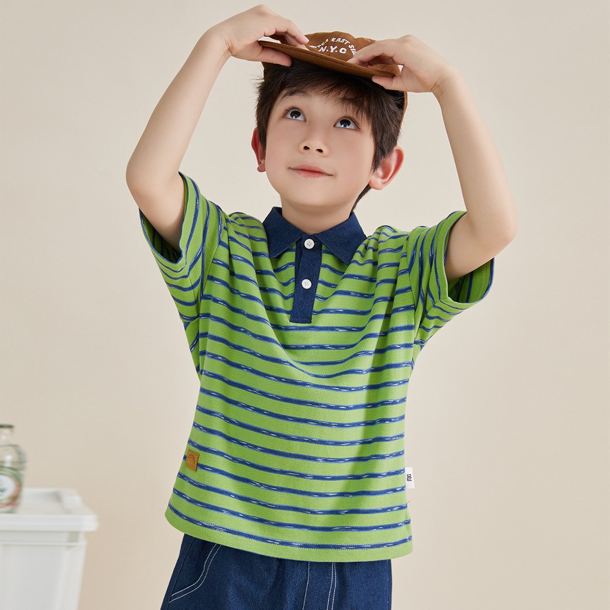 13310535.【领口拼接牛仔】儿童Polo衫夏季男童短袖中大童舒适亲肤条纹T恤