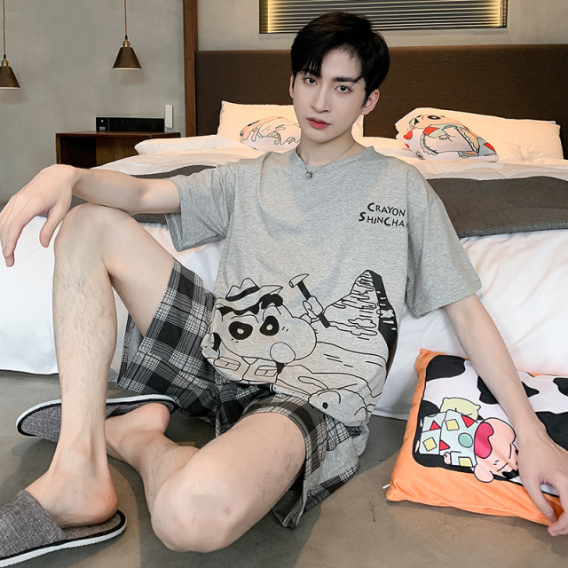 13645463.品彩【简约绅士风】夏季睡衣男短袖短裤俩件套休闲家居服可外穿
