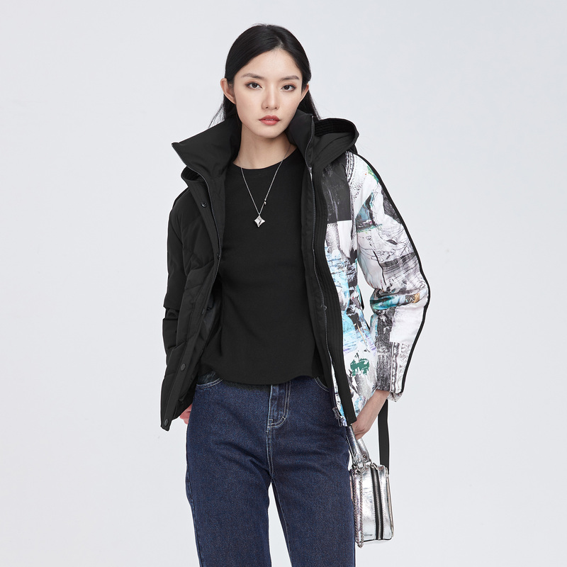 9747162.连帽字母涂鸦收腰中长款羽绒服