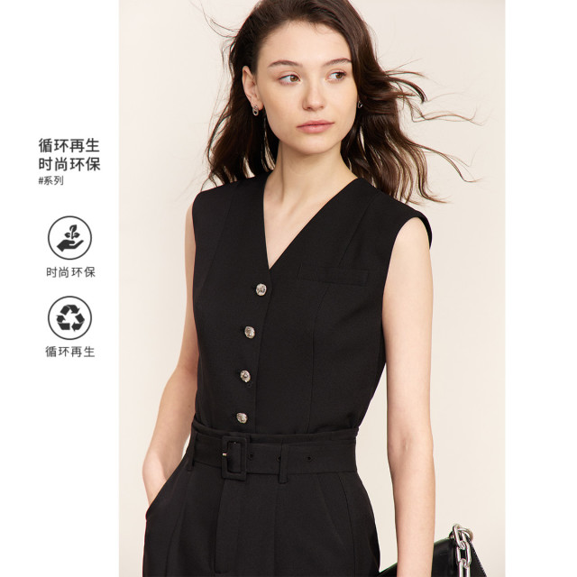 9819253.【优雅职场】夏季通勤环保面料修身V领无袖几何衣摆设计马夹女