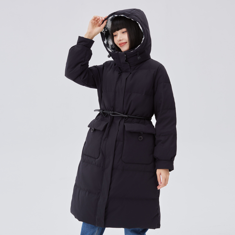 10918053.【新中式系列】艾莱依国风羽绒服女时尚连帽收腰花苞袖中长款冬季外套