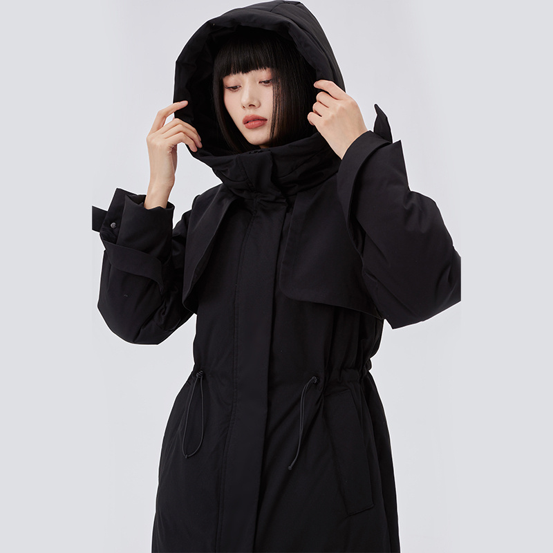 10918070.艾莱依连帽收腰显瘦长款羽绒服女可调节抽绳鸭绒外套