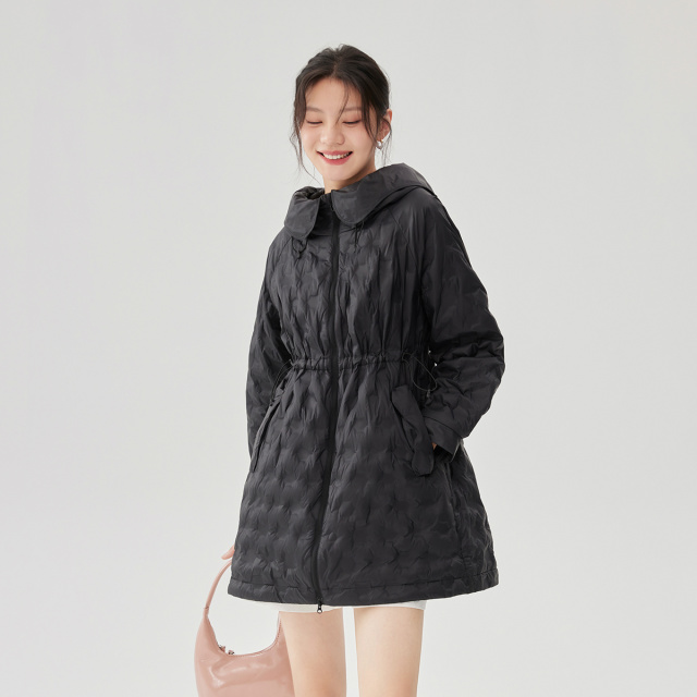 10918051.艾莱依外套女轻薄鹅绒羽绒服花朵领中长款连帽韩系