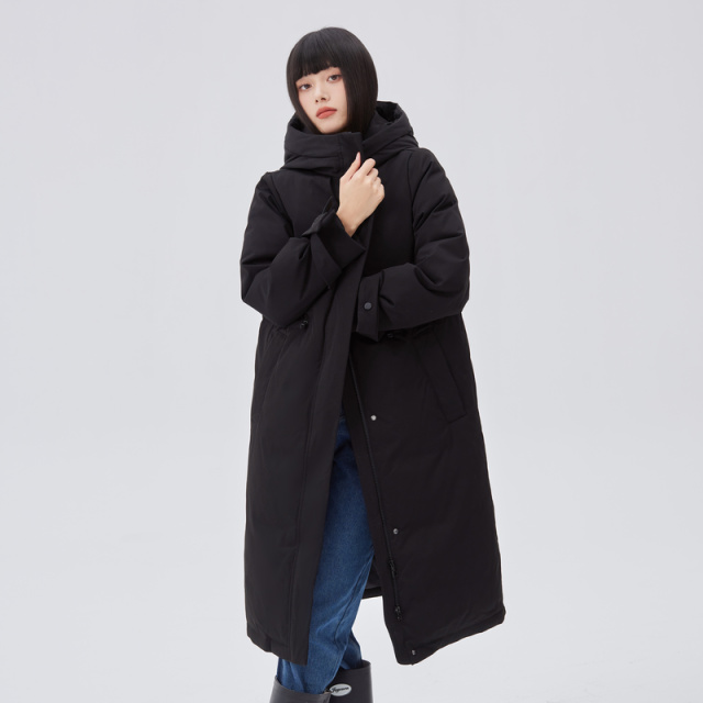 10918070.艾莱依连帽收腰显瘦长款羽绒服女可调节抽绳鸭绒外套