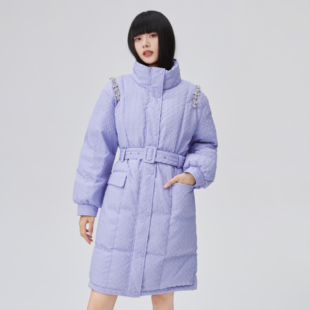 10917931.艾莱依冬季腰带羽绒服女收腰中长款钻石装饰外套