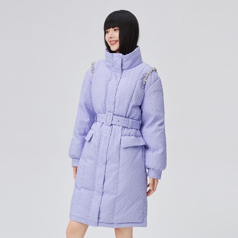 10917931.艾莱依冬季腰带羽绒服女收腰中长款钻石装饰外套