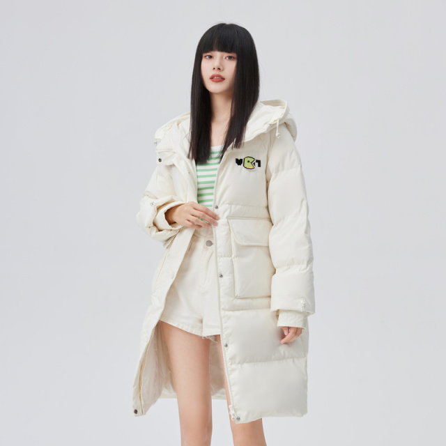 10917913.艾莱依吃豆人羽绒服女中长款时尚宽松连帽秋冬外套保暖