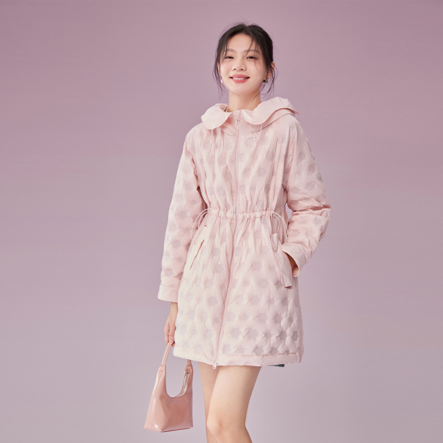 10918051.艾莱依外套女轻薄鹅绒羽绒服花朵领中长款连帽韩系
