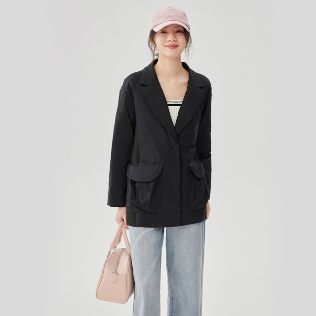 10918003.艾莱依西装外套春秋时尚设计感小众拼接短款V领上衣