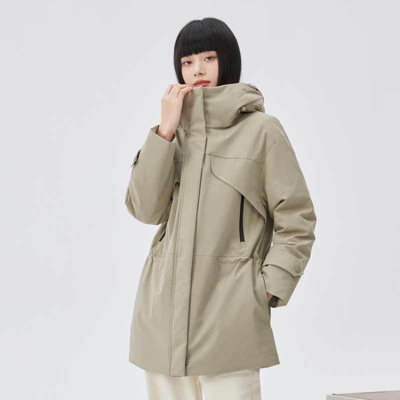 10918002.艾莱依户外羽绒服女鹅绒连帽中长款设计感时尚冬季外套