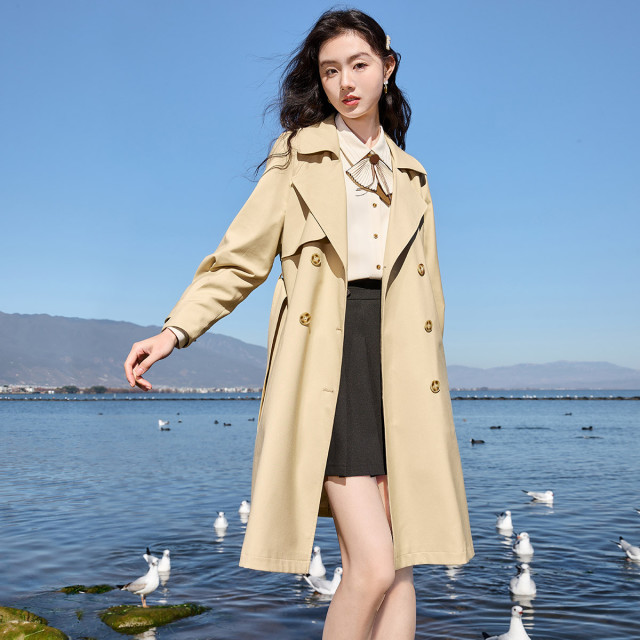 9861594.双排扣英伦风外套气质休闲中长风衣女