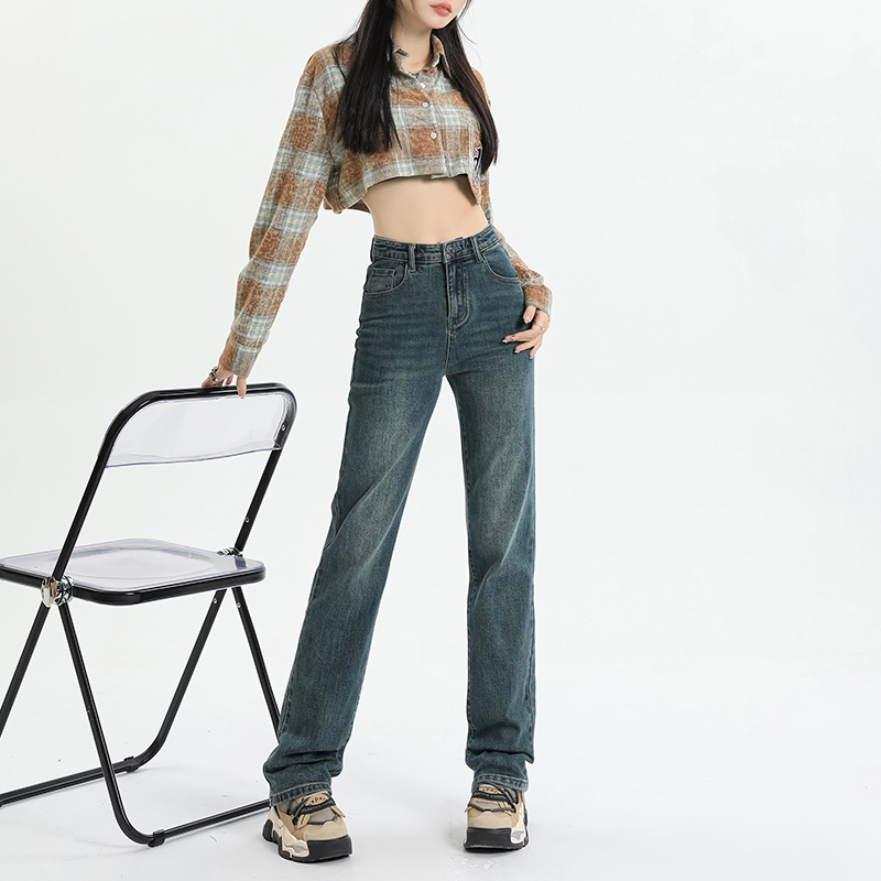 9797063.柒蒙 高腰宽松显瘦垂感窄版直筒牛仔裤女装