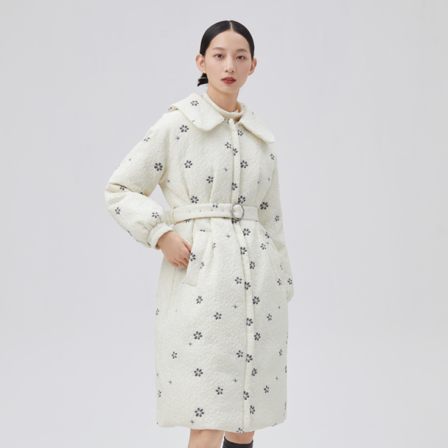 10917756.艾莱依时尚收腰衬衫式翻领小香风提花羽绒服女中长款外套女
