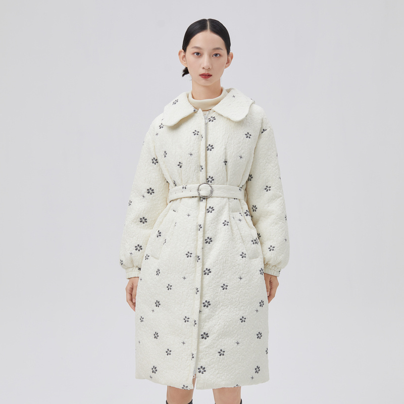 10917756.艾莱依时尚收腰衬衫式翻领小香风提花羽绒服女中长款外套女