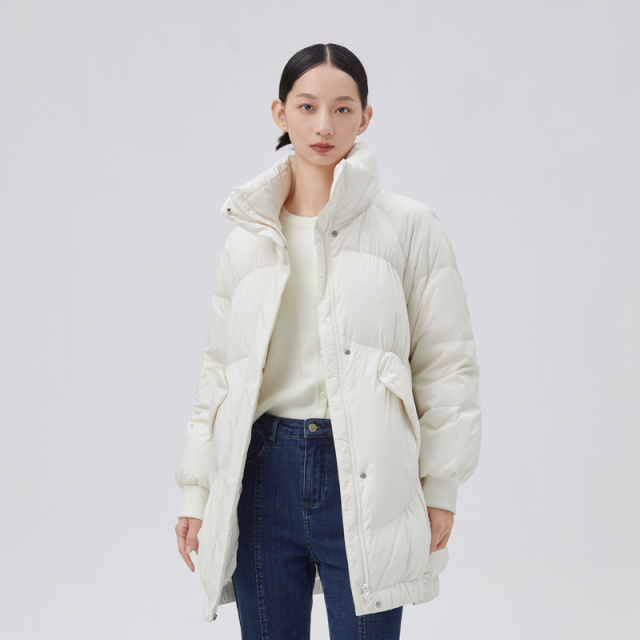 10917764.艾莱依商场同款抽褶直筒羽绒服女中长款袖口防风秋冬外套女