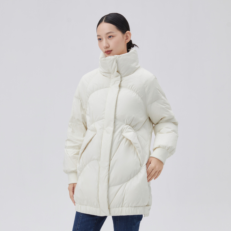10917764.艾莱依商场同款抽褶直筒羽绒服女中长款袖口防风秋冬外套女