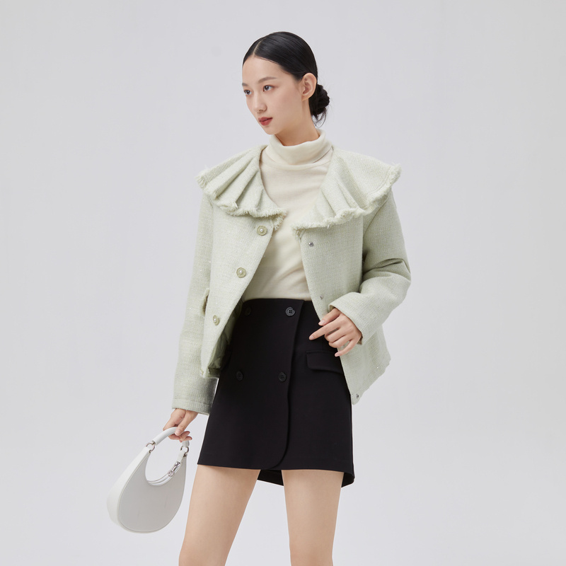 10917797.艾莱依轻薄短款羽绒服女薄款秋季气质粗花呢小香风开衫外套