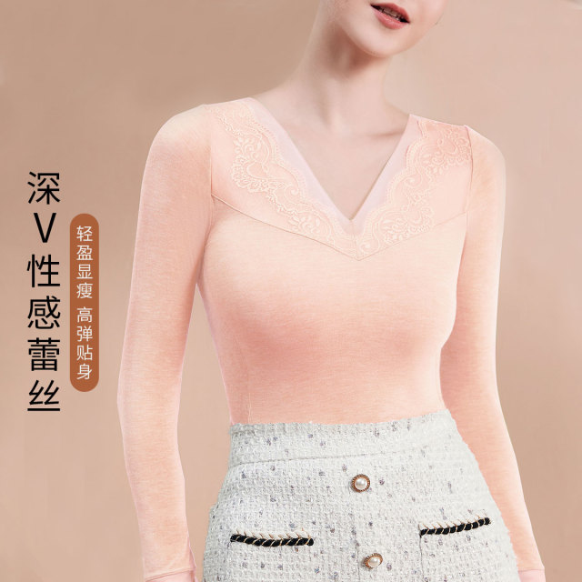9810922.古今蕾丝V领打底衫秋衣女士保暖衣