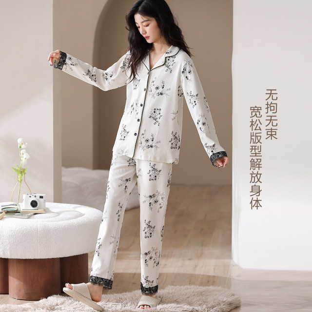9810913.古今翻领开衫长袖睡衣女士家居服套装