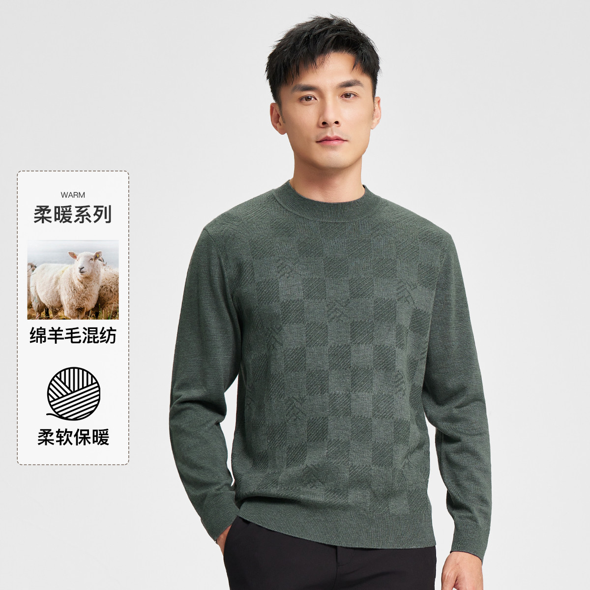 9819997.才子男装绵羊毛混纺保暖格纹提花舒适半高领男针织衫