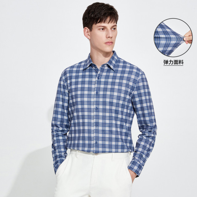 9846901.意大利小帆船 秋季抗皱弹力顺滑百搭格纹男士长袖衬衫