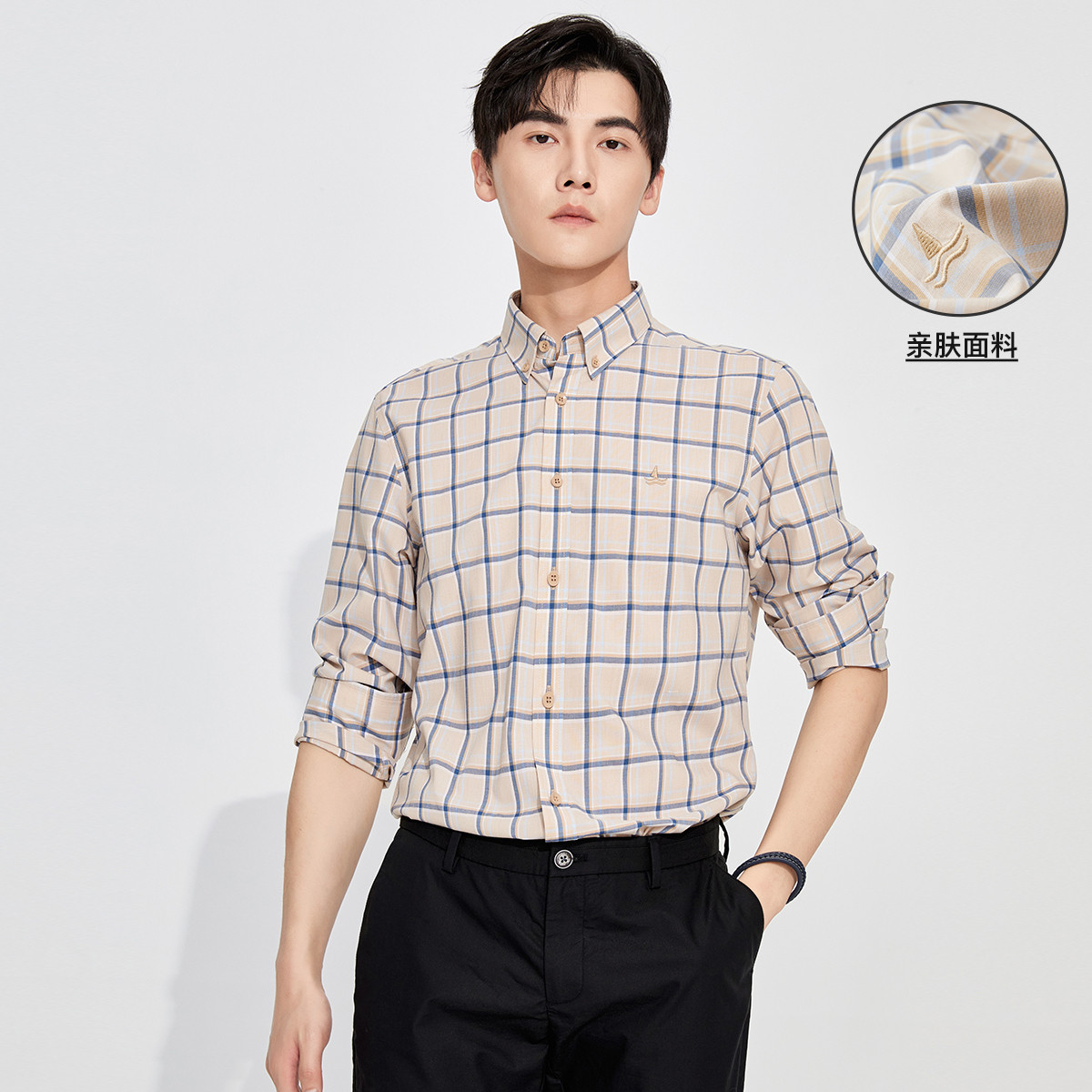 9847035.意大利小帆船 秋季时尚休闲格纹翻领男士长袖衬衫