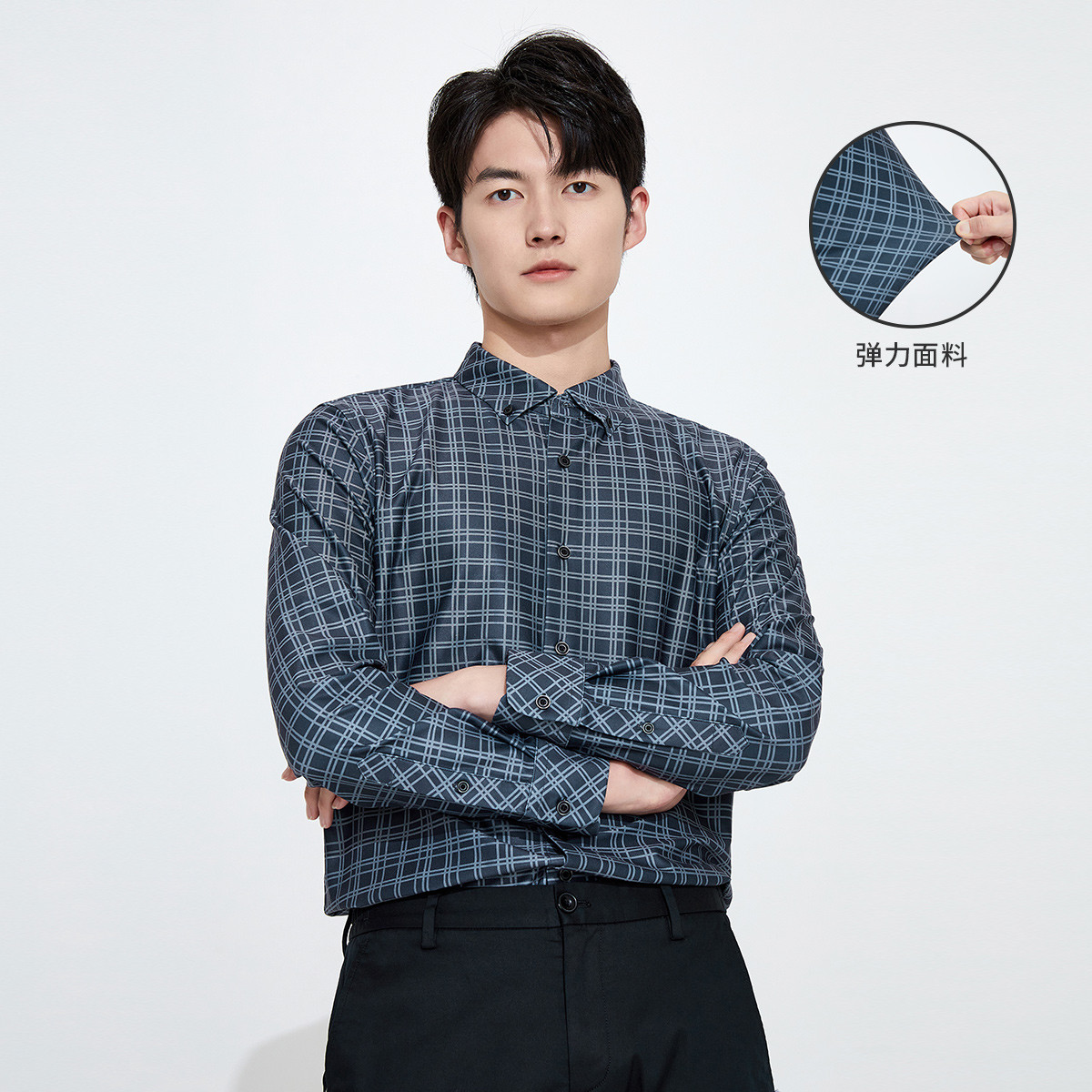 9846959.意大利小帆船 秋季时尚格纹弹力抗皱透气男士长袖衬衫