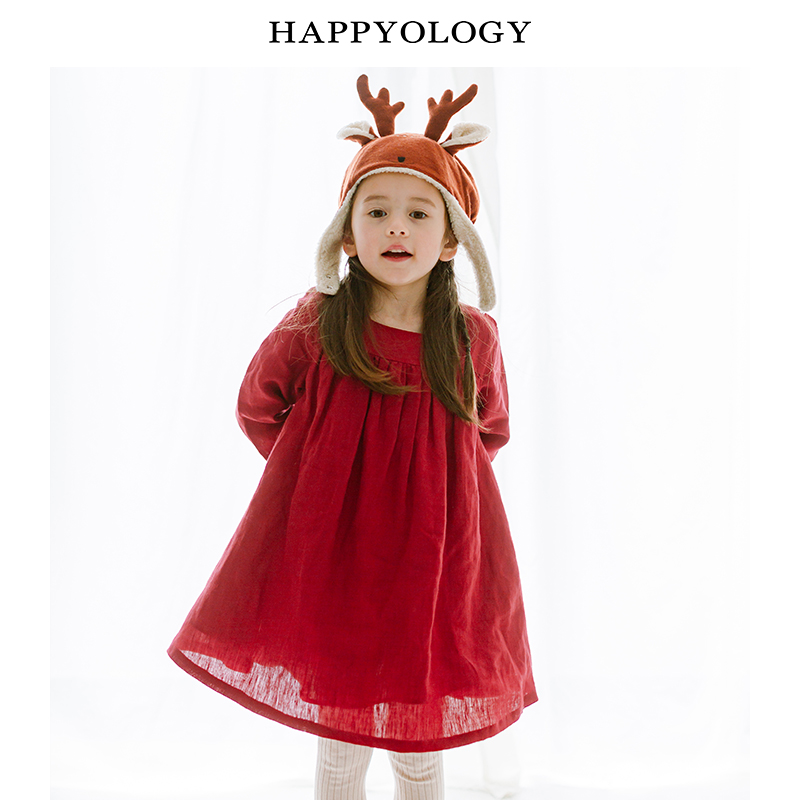 11847840.happyology英国童装亚麻儿童裙子长袖秋季纯色连身裙女小童连衣裙