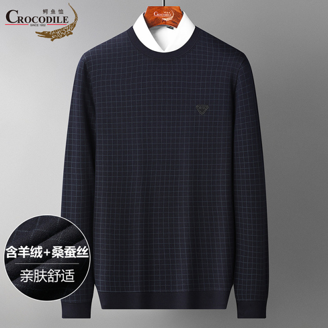 9872933.鳄鱼恤【含羊绒桑蚕丝】秋冬新品商务休闲四方格基础款男式卫衣男