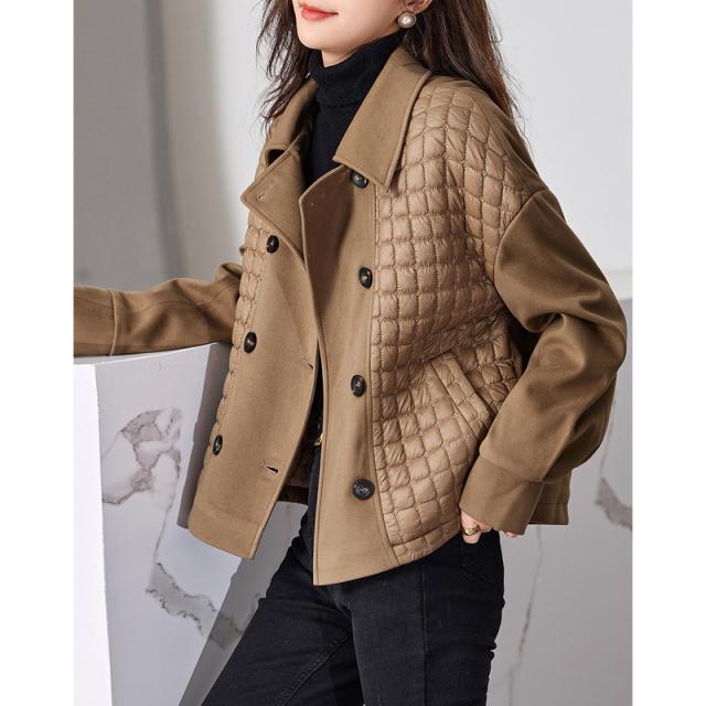 9876939.【知识分子】冬季新都市翻领拼接绗缝长袖纽扣棉衣棉服外套女短款
