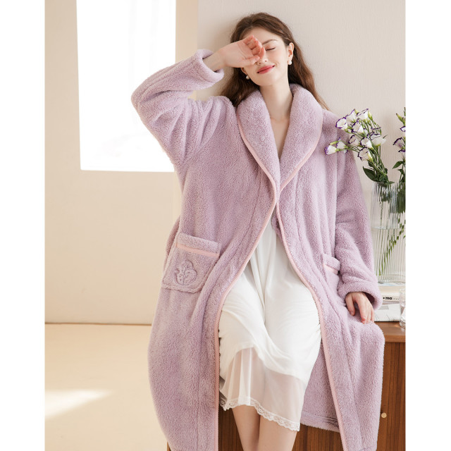 9892598.芬腾【简约纯色暖绒】250g秋冬翻领开衫系带家居服女士睡袍女