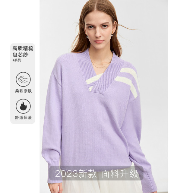 9900101.【有趣极简】冬季V领条纹高级感oversize慵懒风毛衣女