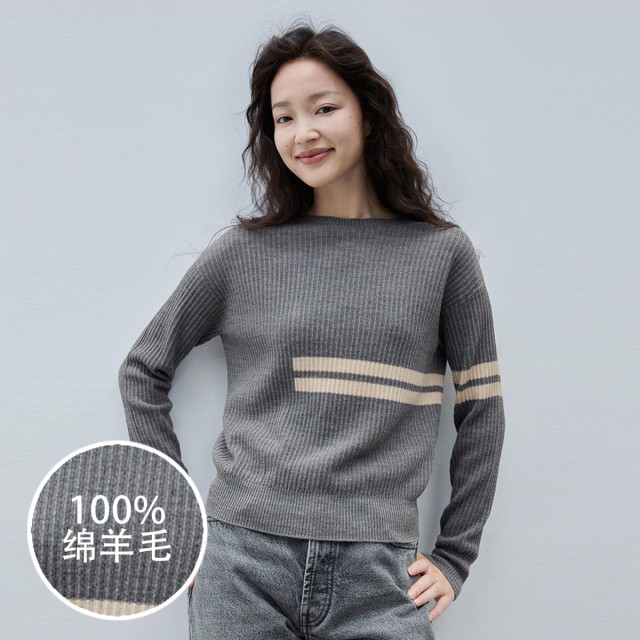9899448.思诺芙德拼色秋冬精纺长袖上衣女式圆领羊毛衫