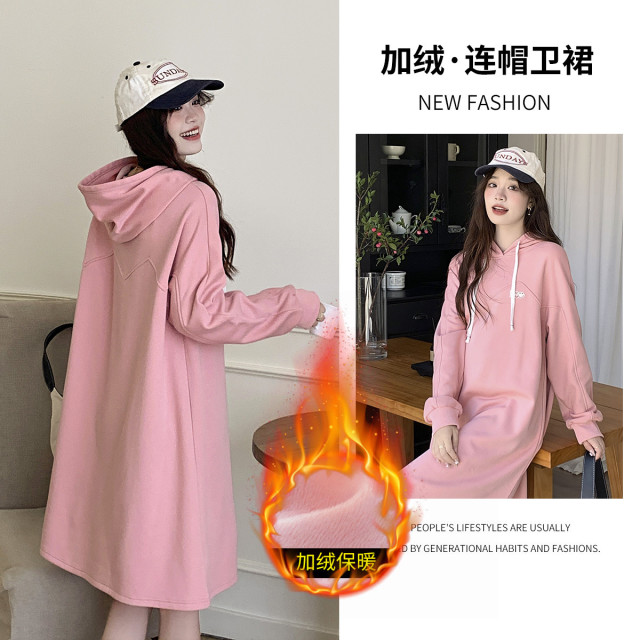 9909078.兔妈孕妇装秋冬季连衣裙新款大码孕妇裙外穿加绒连帽孕期连衣裙显瘦冬